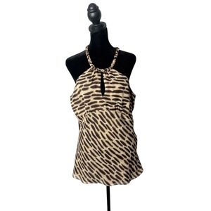 MICHAEL KORS Silk Top Animal Print Braided Neck Brown Size S Mob Wife Statement